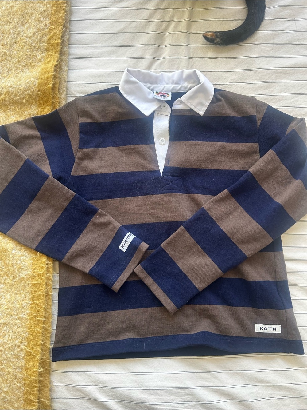 KOTN Cropped Navy and Brown Striped Rugby Shirt